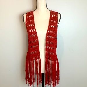 Umgee USA Red Crochet Fringe Sweater Vest Large
